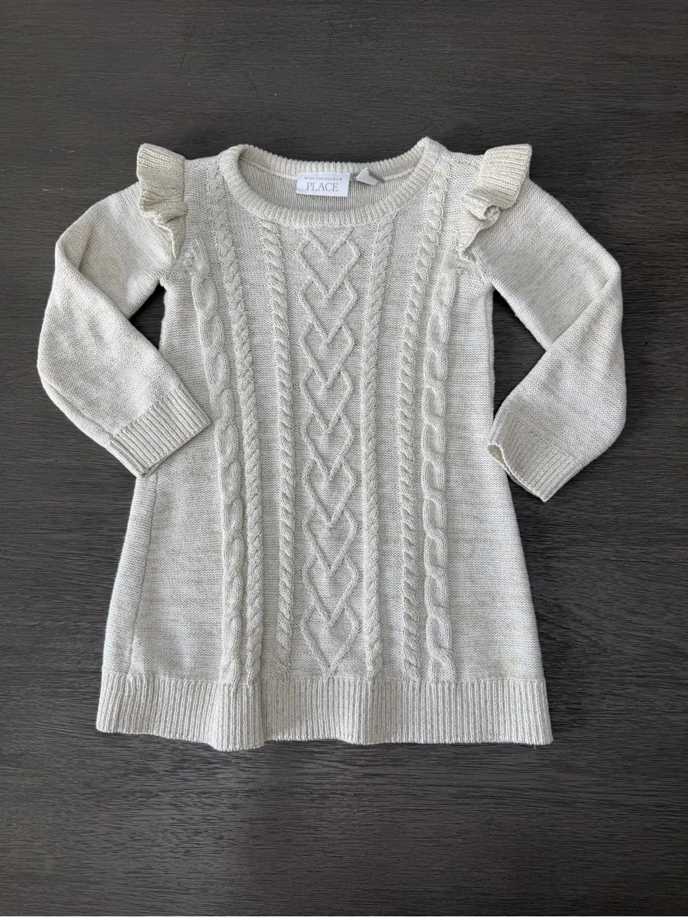 The Children's Place Cream Cable Knit Ruffle-Shoulder Sweater Dress